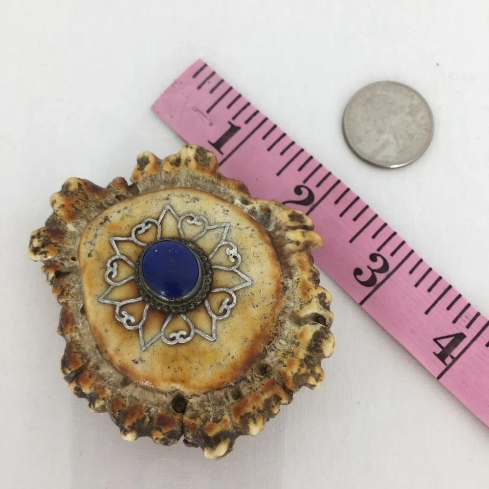 Vintage Handmade Western Antler Belt Buckle Blue Lapis Louise Signed Shanti